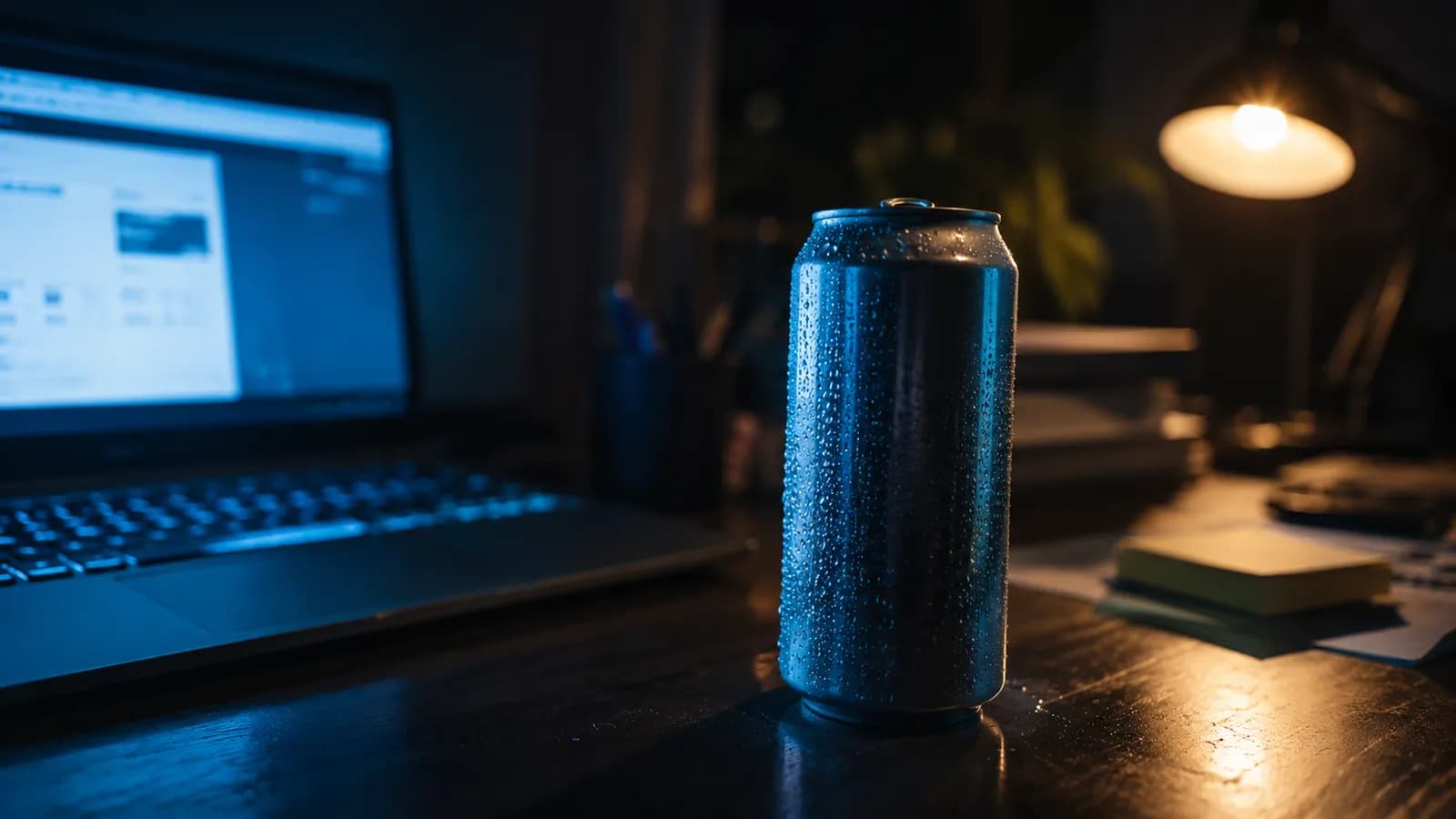 A condensation-covered energy drink can on a dark desk next to a laptop late at night