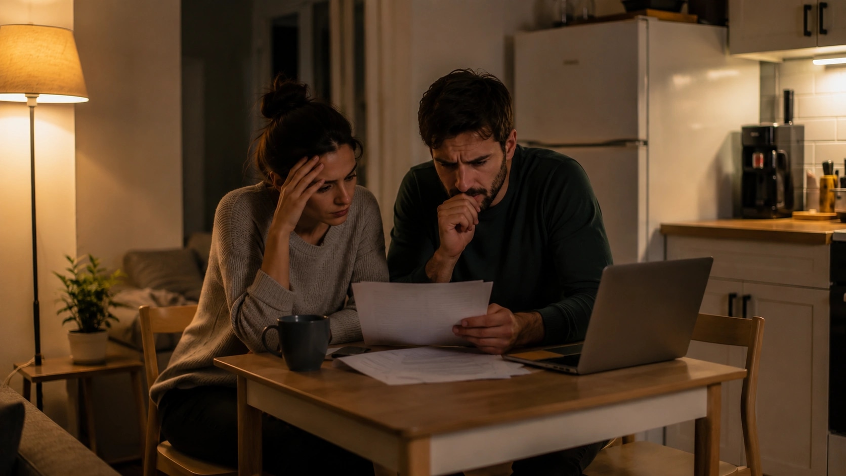 A young couple reviewing a mortgage document together at a kitchen table in a modest rented apartment