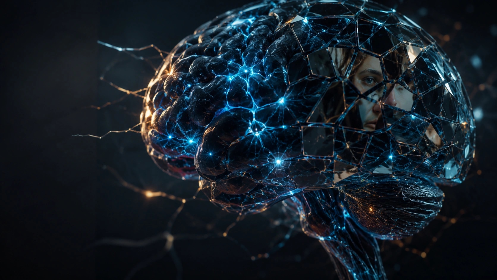 Brain as a neural network creating reality illusion, abstract digital visualization