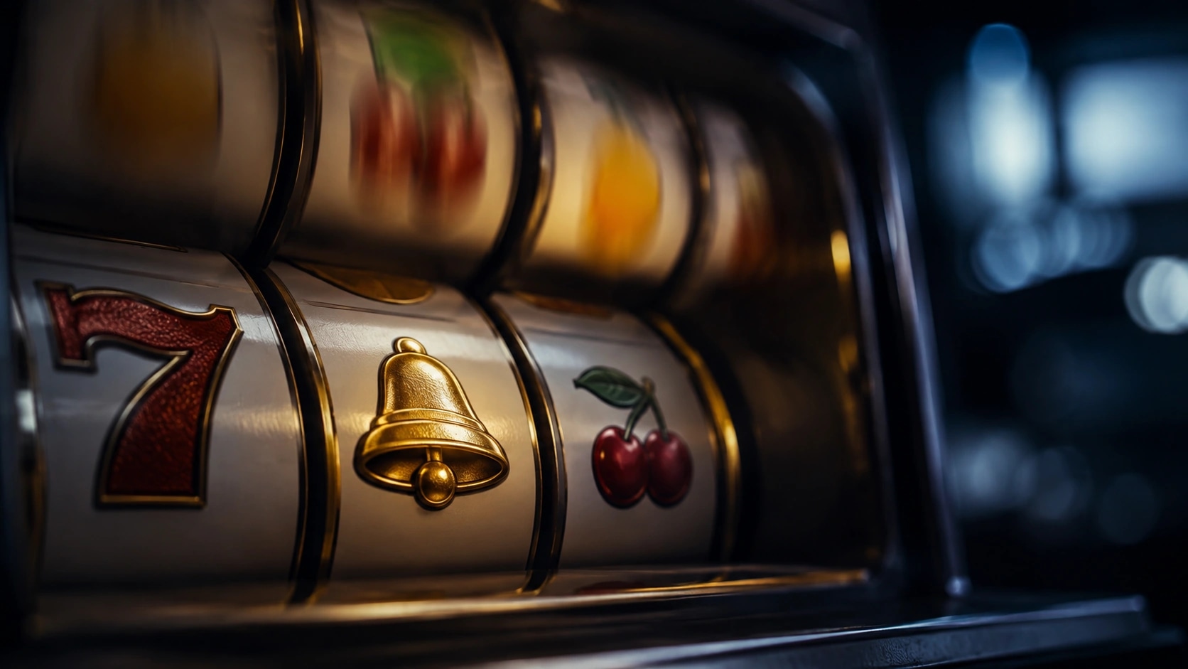 Close-up of a slot machine reel stopping just short of a jackpot symbol, dramatic lighting