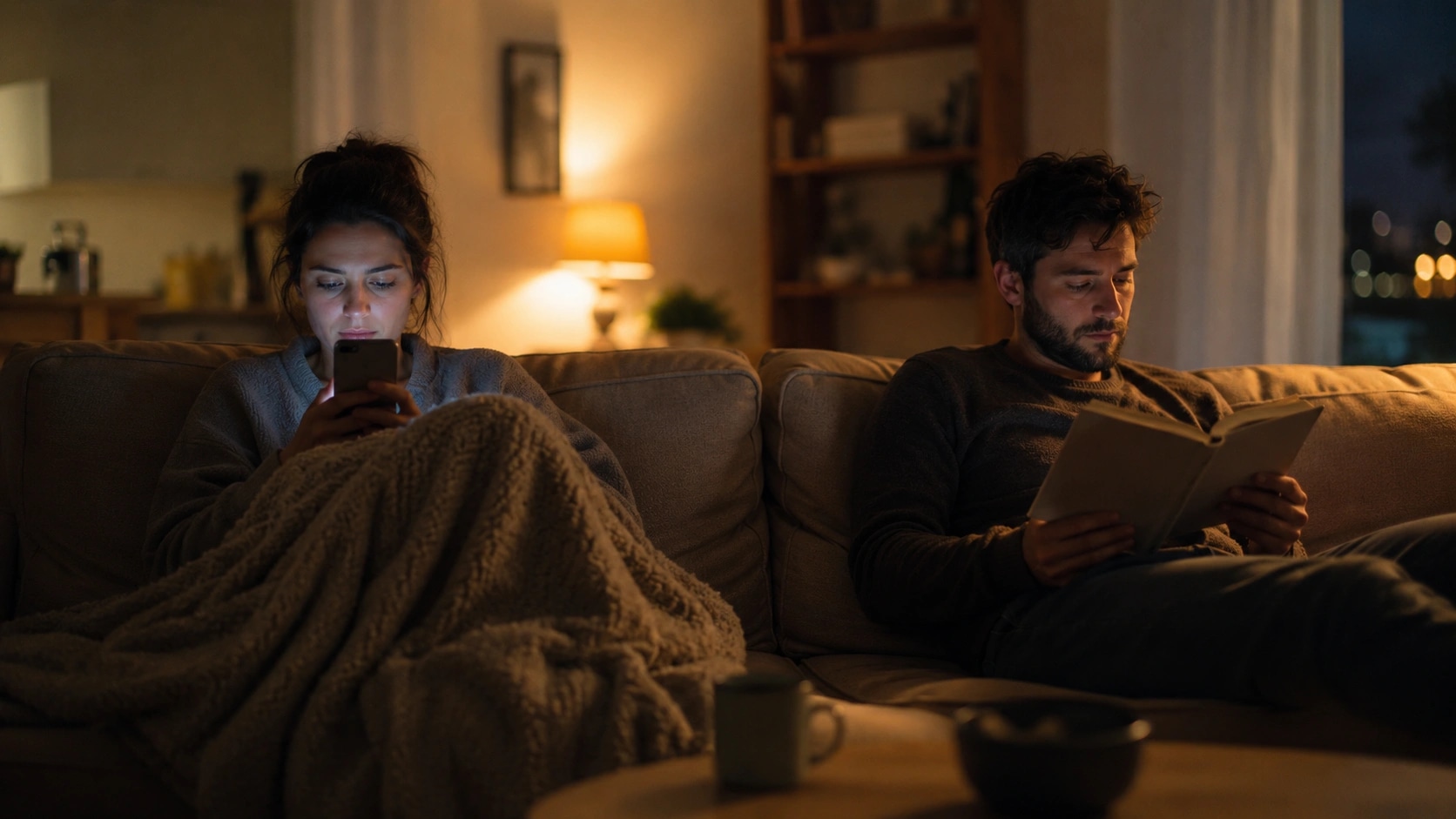 A couple sitting on a sofa in the evening, one person looking at a glowing phone under a blanket while the other reads a book nearby
