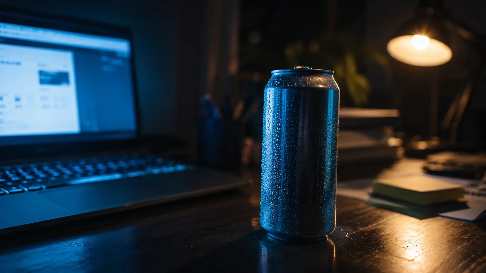 A condensation-covered energy drink can on a dark desk next to a laptop late at night