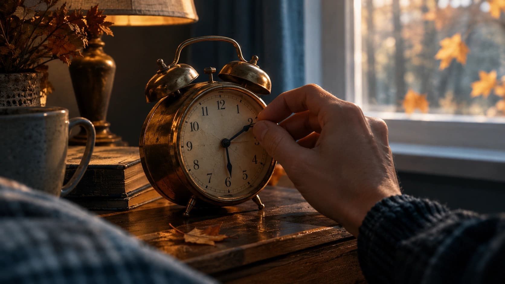 A hand turning back the hands of an old alarm clock on a nightstand in soft autumn morning light