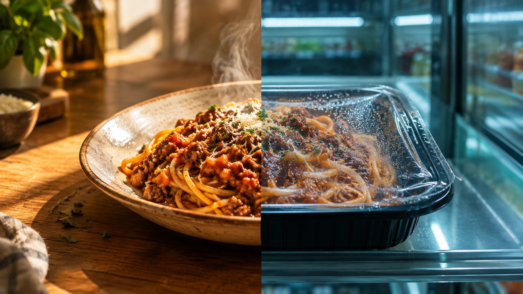 A home-cooked plate in warm light beside the same dish as a packaged ready-meal under cold store lighting