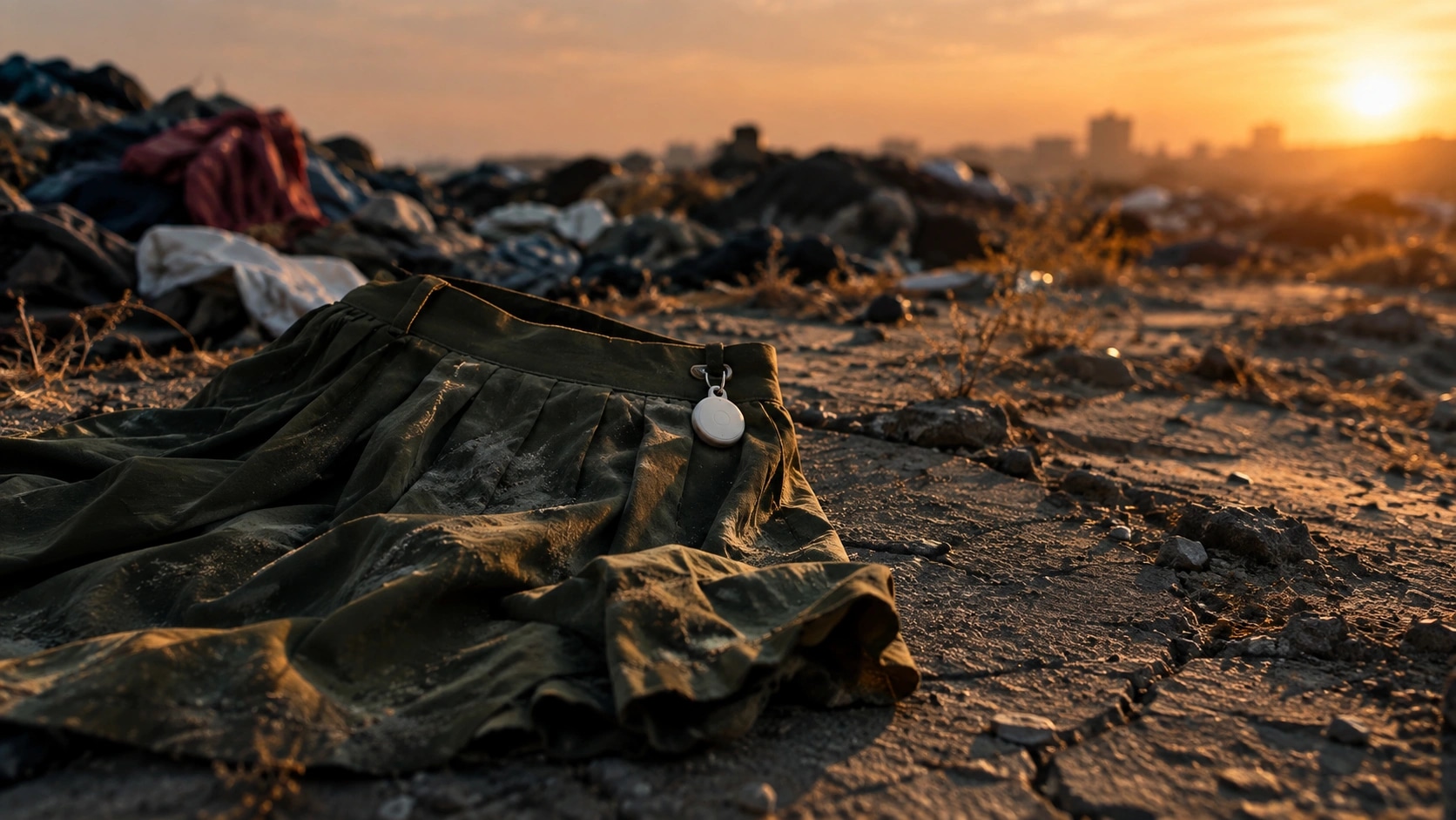A crumpled olive green skirt with a small tracker on a dusty vacant lot, mounds of discarded clothes behind it