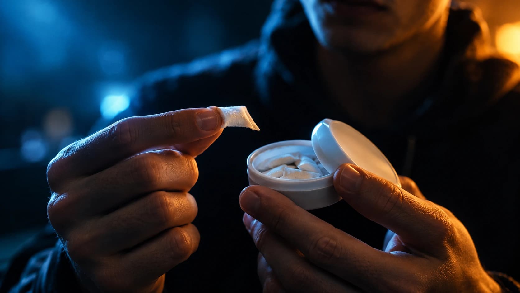 Open can of nicotine pouches with one pouch on a palm