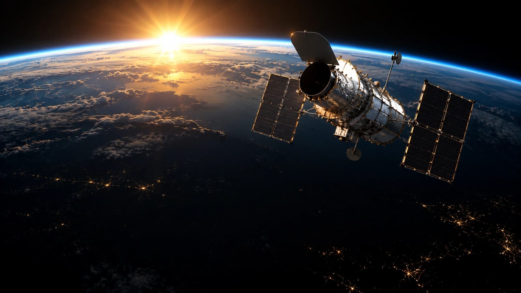 Космический телескоп на орбите над Землёй с ярким Солнцем на краю планеты