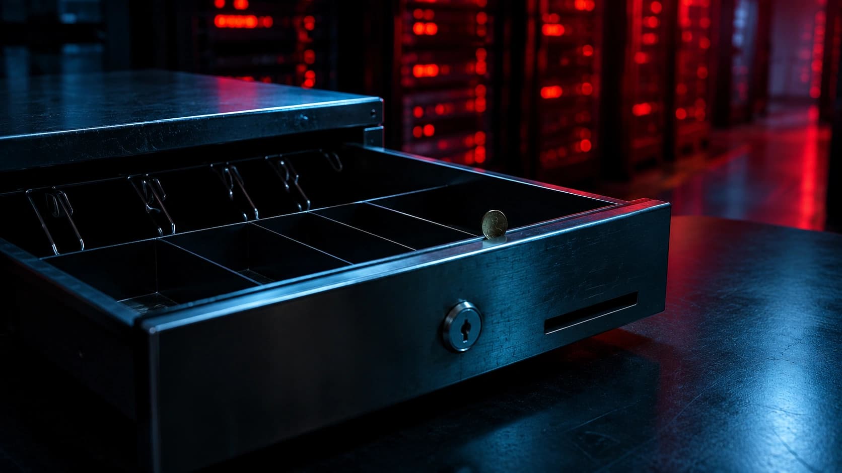 Empty cash drawer in a dark room lit by red server lights, a symbol of the Binance hot wallet hack