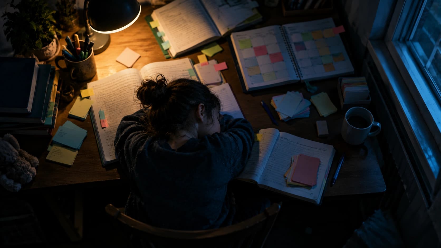 Child asleep at a desk over notebooks late at night under a desk lamp