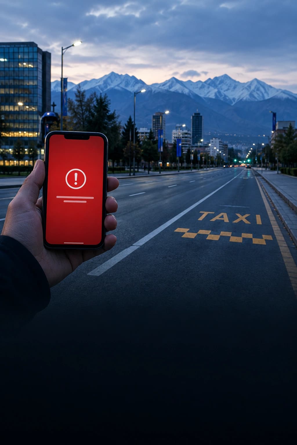 Phone showing a ride booking error on an empty evening street in Almaty